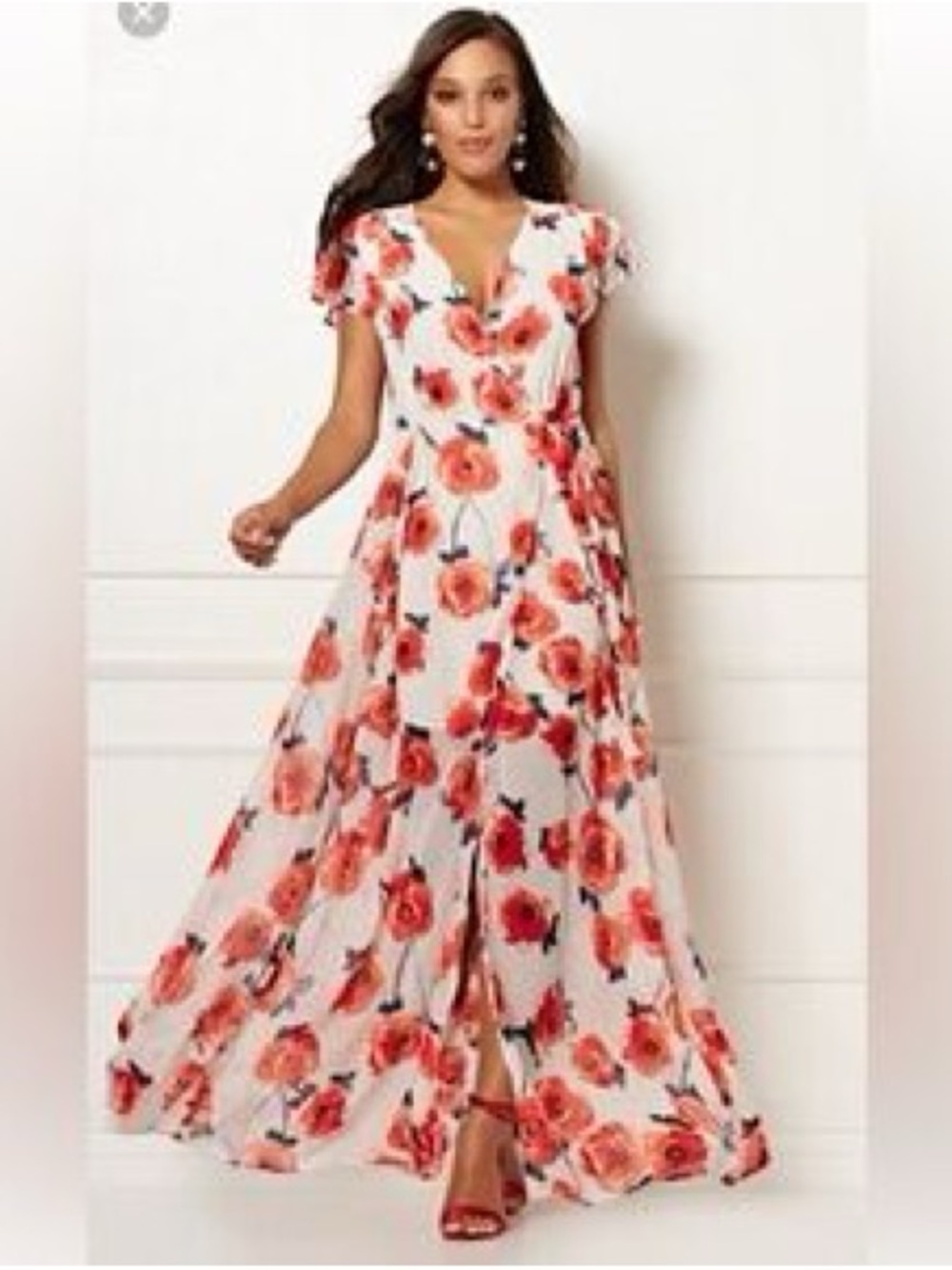 eva mendes for New York & Company White Maxi Dress with Red Floral Print